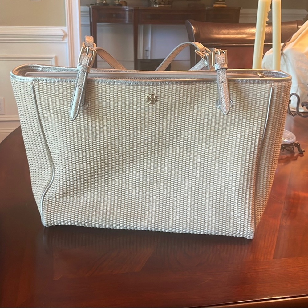 Tory Burch Beige Woven Tote with Metallic Trim